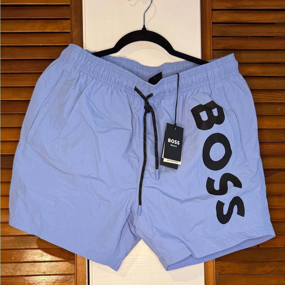 Boss Blue Swim Trunks with Logo and Drawstring